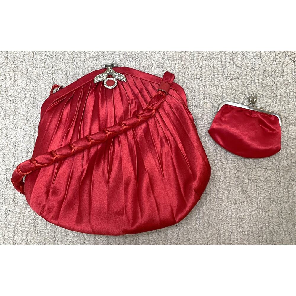 Vintage Gucci Red Pleated Satin Evening Bag Handbag Clutch + Coin Purse COA